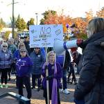 Jodi Wilke, chairman of Save Our Sequim, speaks to about 200 people on the Sequim Civic Center plaza on Oct. 28. She and others want Sequim city councilors to open the planning process for a proposed Medication-Assisted Treatment clinic to the public. Sequim Gazette file photo by Matthew Nash