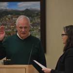 Tom Ferrelll is sworn into office on Jan. 13 by Sequim City Clerk Sara McMillon. He previously served on the citys planning commission. Sequim Gazette photo by Matthew Nash