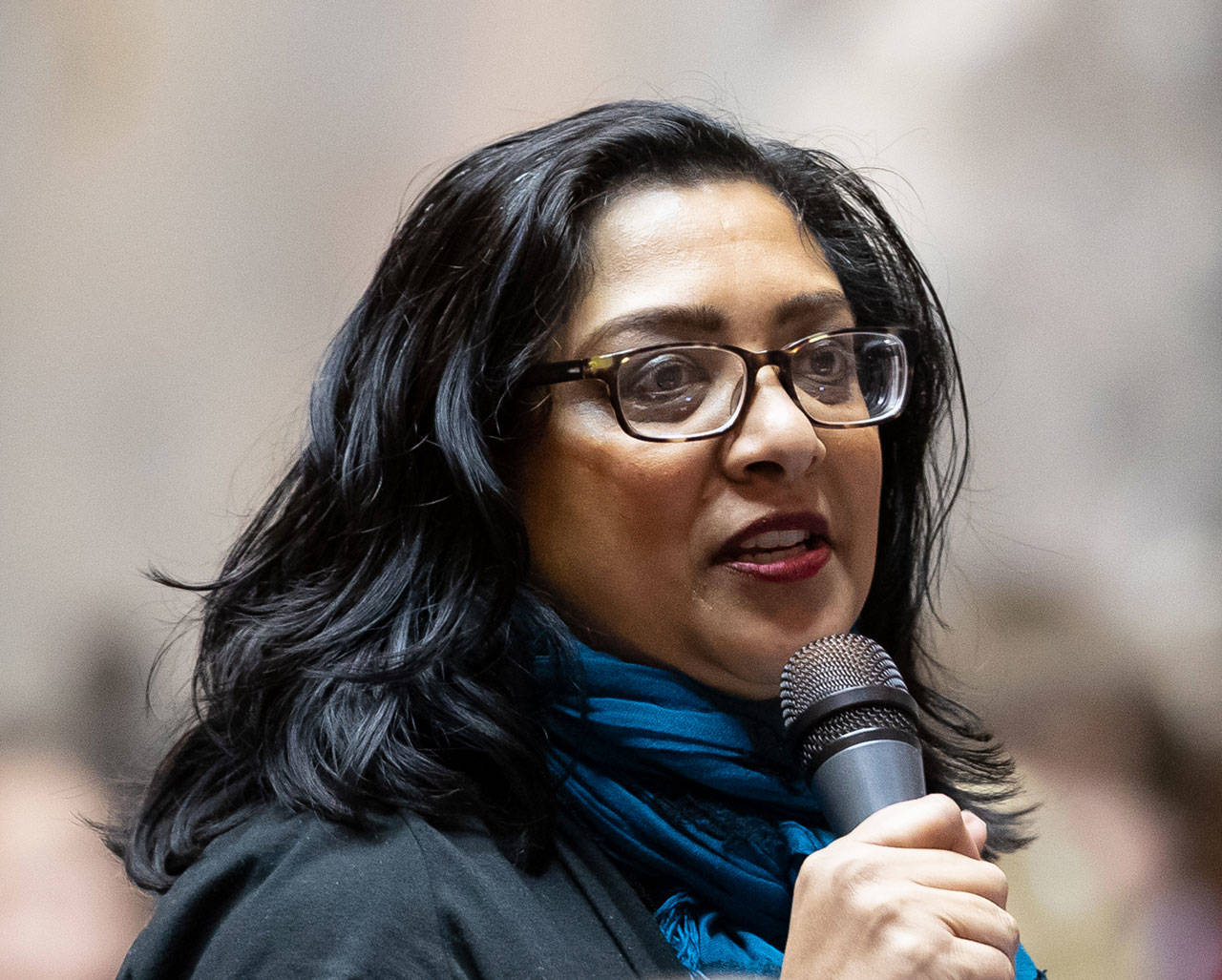 Sen. Mona Das, D-Kent, the primary sponsor of SB 5323, speaking on the bill. Photo courtesy of Hannah Sabio-Howell/communications specialist, Sen. Mona Das