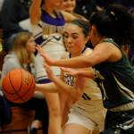 Sequims Hannah Bates, left, looks to drive past Port Angeles Jenna McGoff in the second half of PAs 64-42 win in Sequim on Jan. 18. Sequim Gazette photos by Michael Dashiell