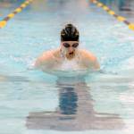 Sequim High senior Jesse Bobst swims the breaststroke portion of the 200 medley relay to kick off Sequims league win over Klahowya on Jan. 23. The Wolves swept all three relays en route to a 90-59 win. Sequim Gazette photo by Michael Dashiell