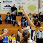 Sequim Wolves post Hope Glasser takes a fadeaway shot in the first quarter of the Wolves 85-16 win over the Bremerton Knights on Jan. 24. Glasser scored a team-high 22 points on the night, while pulling down 13 rebounds with three assists and two steals. Sequim Gazette photo by Conor Dowley