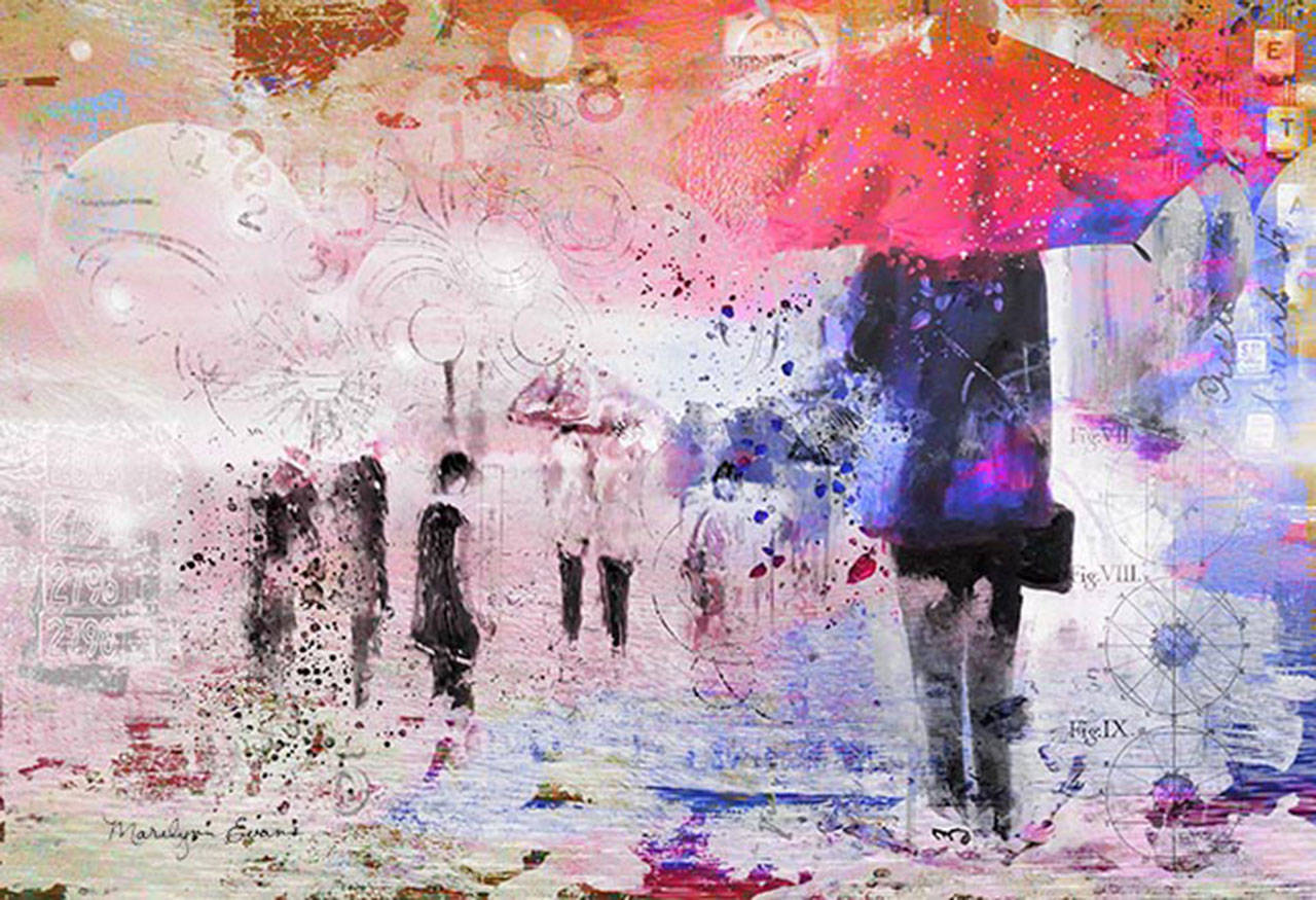 Figures in the rain by Marilynn Evans, a featured artist at the Blue Whole Gallery in 
February. Submitted art