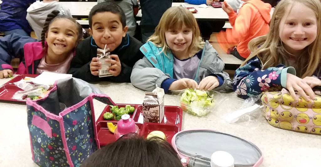 First-graders sitting together during Friendship Friday in the Haller lunchroom were Madison Johnson from Gwen Rudzinskis class, Jesus Westman from Ione Marcys class, Sophie Christian from Pattie Hagans class, and Harper Barrett from Rudzinskis class. Photo by Patsene Dashiell
