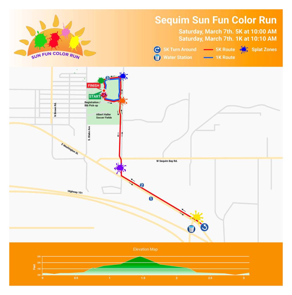 The Sequim Sunshine Festivals Sun Fun Color Run features a 1K and 5K option where people can walk or run in Carrie Blake Community Park and experience color blasts where their shirts will be sprayed and changed in color. More than 200 of 450 spaces are reserved so far. Map courtesy of City of Sequim