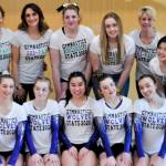 The combined Sequim-Port Angeles team takes a break from competition at the state 1A/2A/3A meet held in bellevue last week. Pictured are (back row, from left) head coach Jackie Mangano, assistant coach Rachel Sharp, Aiesha LaTourette, manager Mazie Tucker, volunteer coach Julie Haguewood and manager Mei Ying Harper-Smith, with (from left) Sequims Emma Sharp, Kori Miller, Lesae Pfeffer, Danica Pierson and Gracie Sharp. Submitted photo