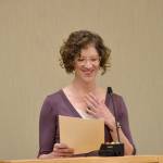 Jennifer States collects herself on Feb. 24 at the Sequim city council meeting before reading her resignation letter. States said she was resigning to pursue a promotion in maritime sustainability and innovation projects in the state and across the globe. Sequim Gazette photo by Matthew Nash