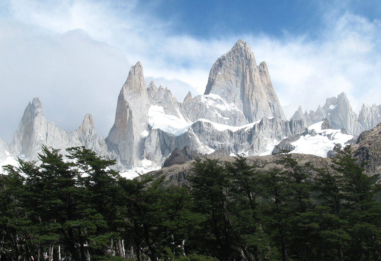 Roger Drake details some of the sights of his exploration of Argentina and Chile  including Patagonias Fitz Roy mountain range, pictured here  at the April 30 TravelersJournal presentation. Photo courtesy of Roger Drake