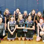 The Sequim Select Eighth Grade girls basketball squad celebrates second place finish at the 32nd-annual Vernon Youth Basketball Tournament, held Feb. 29-March 1 at Black Hills High School inn Tumwater. Pictured are (back row, from left) coach Ray Vaara, Joy Munyagi, Krista Charters, Danielle Herman, Korbyn Donning, Ava Fuller, Ciara Rowden and head coach Travis Johnson, with (front row from left) coach Kate Harman, Kaitlyn Bloomenrader, Jolene Vaara, Taryn Johnson and Roslyn Guille. Photo courtesy of Heather Herman