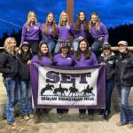 The Sequim Equestrian Team is all smiles at the first district meet of the 2020 season in Elma this past weekend. Pictured are (back row, from left) Lexi King, Hannah Kokoschko, Grace Niemeyer, Emma Albright and Keri Tucker, with (front row, from left) coach Bettina Hoesel, coach Sydney Balkan, Abby Garcia, Abbi Priest, Lilly Thomas, coach Haylie Newton and coach Katie Newton. Submitted photo