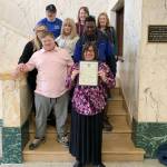 Celebrating Developmental Disabilities Awareness Month are (back row, from left) Patrick McFarland, Virginia ONeil and Karen Pierce, (middle row, from left) Shawnda Hicks, Kelley Lawrence and Tony Andrus, and (in front, from left) Grayson Hicks and Riley ONeil. Photo by Chelsea Lierly