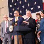Vice President Mike Pence, center, and Washington Gov. Jay Inslee, to his left, along with state and federal officials, discuss a cooperative response to the COVID-19 coronavirus on March 5. Photo by Cameron Sheppard/WNPA News Service