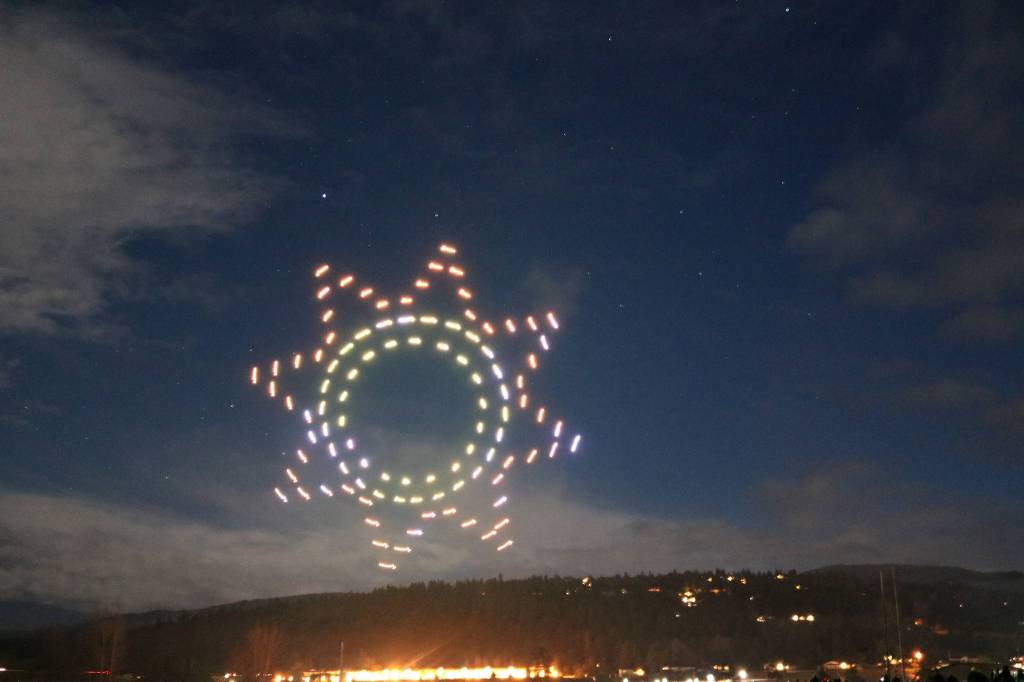 An illuminating drone show at Carrie Blake Park lights up the Sequim sky on March 7. Photo by Barb Hanna/City of Sequim