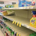 A common theme among stores across the globe like this Sequim pharmacy is empty shelves for disinfectant wipes, hand sanitizers and face masks due to the rise of concern over the coronavirus, COVID-19. Sequim Gazette photo by Matthew Nash