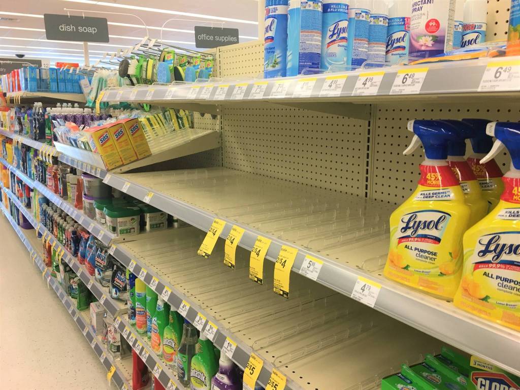 A common theme among stores across the globe like this Sequim pharmacy is empty shelves for disinfectant wipes, hand sanitizers and face masks due to the rise of concern over the coronavirus, COVID-19. Sequim Gazette photo by Matthew Nash