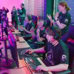 Peninsula Colleges Rocket League of (from left) Stuart Koehler, Drew Eckard and Nick Charters rally for a 4-2 win over the University of Connecticut on March 11, with PC coach Charlie Morrow, right, looking on. Photo by Rick Ross/Peninsula College