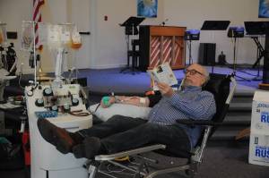 Paul Pacelli donates blood at a Bloodworks Northwest drive at First Baptist Church in Sequim on March 19. Pacelli said hes been a consistent blood donor since he was 20 years old. Bloodworks Northwest representatives say theyve while seen a massive uptick on donations, local hospitals and healthcare centers need consistent donations throughout the year, in and out of times of crises. Sequim Gazette photo by Michael Dashiell