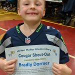 Helen Haller first-grader Bradly Dormer receives a certificate at the Shout Out Dessert event on March 12. Kelly Miller, Dormers teacher, wrote this about him: Bradly works hard and gives his best every day! He constantly does his best whether its reading, math or any other subject. He wants to understand and strives to reach his goals. Bradly is a good example of our Big 3: Respectful, Responsible and Safe. Great work, Bradly! Photo by Renee Mullikin