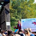 Jenna Ziogas, education coordinator for the Dungeness River Audubon Center, welcomes Greywolf Elementary fifth-graders atop the Railroad Bridge as they ready to go to the Dungeness River Festival in September 2019. The center is closed though the bridge, park and Olympic Discovery Trail remain open. Sequim Gazette file photo by Matthew Nash