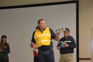 Capt. Chris Turner with Clallam County Fire District 3 speaks at the Emergency Coordinating Center on March 23 about the ongoing efforts of local agencies to minimize impact of the novel coronavirus in the Sequim area. Turner, the ECCs planning section chief, and others said theyre contacting stakeholders about virus prevention efforts while tackling other issues like childcare and food. Sequim Gazette photo by Matthew Nash