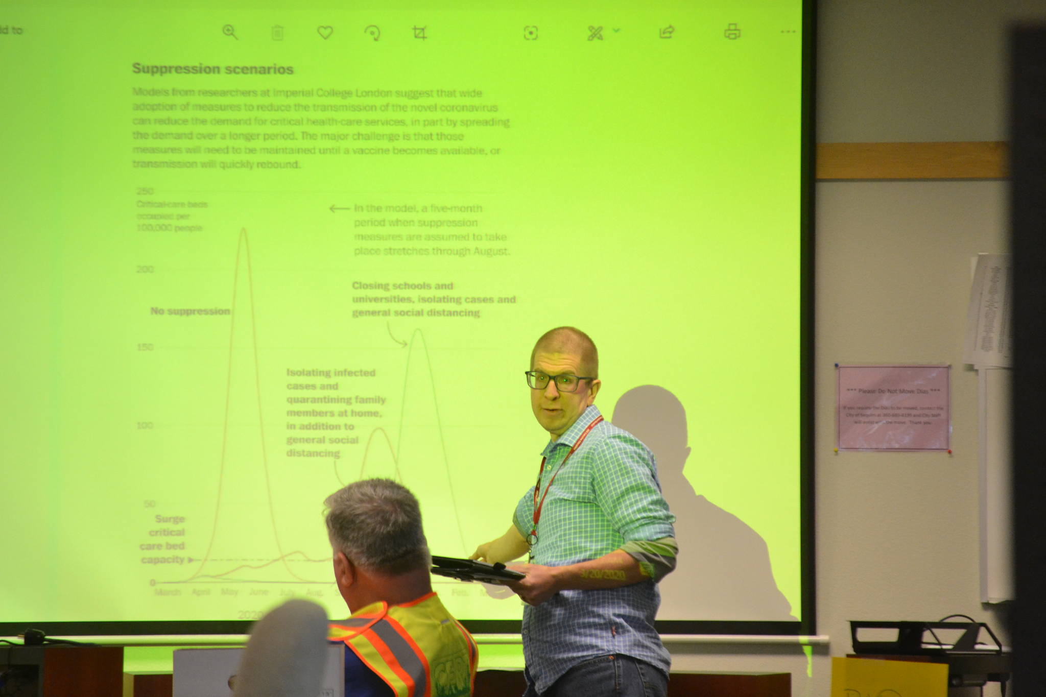 Sequim City Manager Charlie Bush addresses fellow leaders at the Emergency Contingency Center (ECC) three days before he was reinstated as permanent city manager by Sequim City Council on March 23. He planned to resign by April 17 to climb the Appalachian Trail but the COVID-19 pandemic led him to reassess his decision. Sequim Gazette photo by Matthew Nash