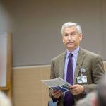 Above, Olympic Medical Center CEO Eric Lewis, pictured here in 2018, will remain in his role through at least June 1, postponing his retirement from the lead administrator role as the organization helps manage the novel coronavirus issue. File photo by Jesse Major/Olympic Peninsula News Group                                Top right, a local (Sequim) Girl Scout recently donated as-yet unsold cookies to Olympic Medical Center nurses. Submitted photo                                Right, an anonymous patient donated 25 pizzas from Westside Pizza and sodas to the staff at the Olympic Medical Physicians walk-in clinic in March. Photo courtesy of Sandy Tapia