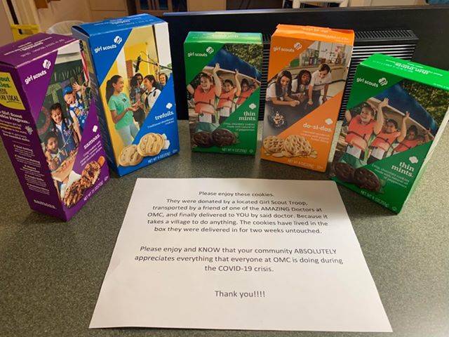 Girl Scout Troop 45496 in Port Angeles recently donated cookies to Olympic Medical Center nurses. Cookies were purchased by the community through the troops Gift of Caring prior to the COVID-19 pandemic. People could buy cookies for the military or a local agency, which the girls decided to be for local nurses. Submitted photo