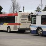 Clallam and Jefferson Transit buses at the Sequim Transit Center last week feature messages about sanitary practices. Sequim Gazette photo by Michael Dashiell