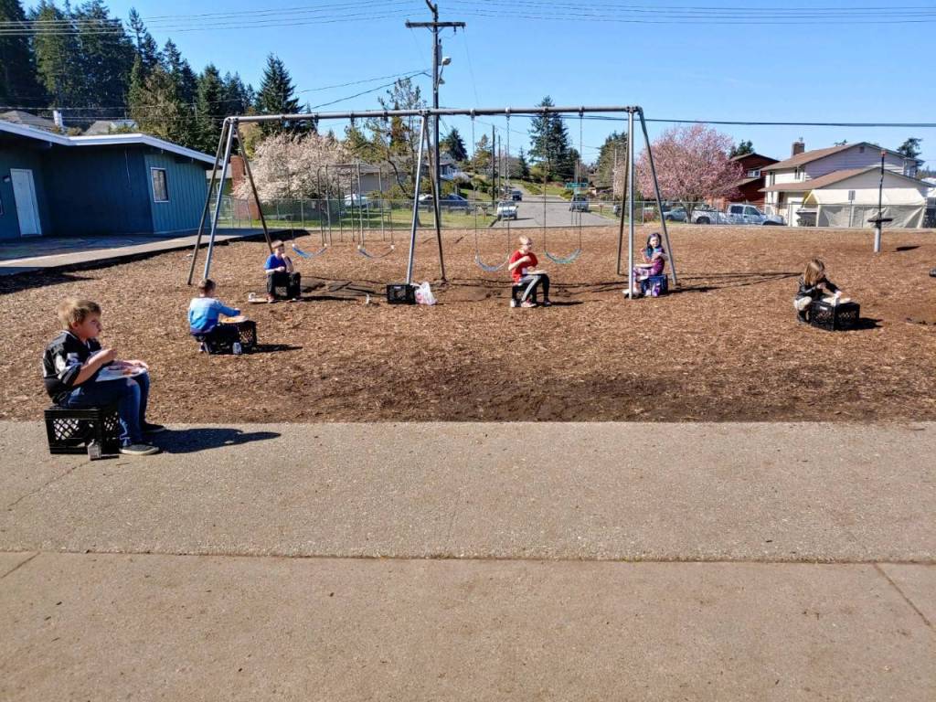 Children at the Port Angeles Boys & Girls Club practice social distancing during a lunch break. They continue being apart throughout the day to minimize the spreading of germs and potentially the coronavirus. Photo courtesy of the Boys & Girls Clubs of the Olympic Peninsula
