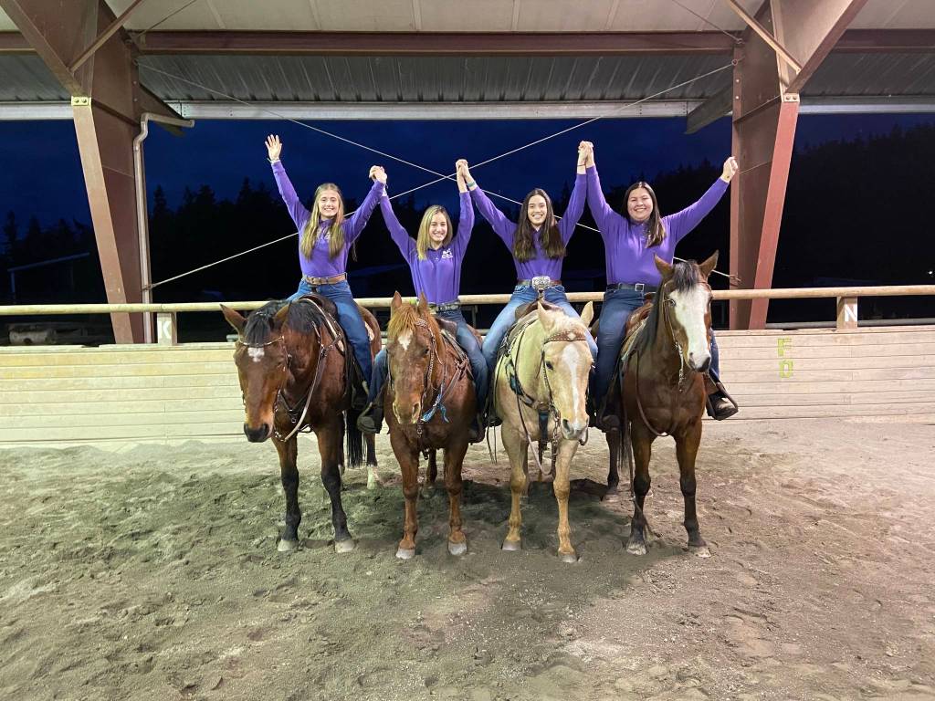 From left, Sequim Equestrian Team seniors Hannah Kokoschka, Grace Niemeyer, Emma Albright and Lilly Thomas each earned at least one District 4 postseason medal following a shortened 2020 season. Submitted photo