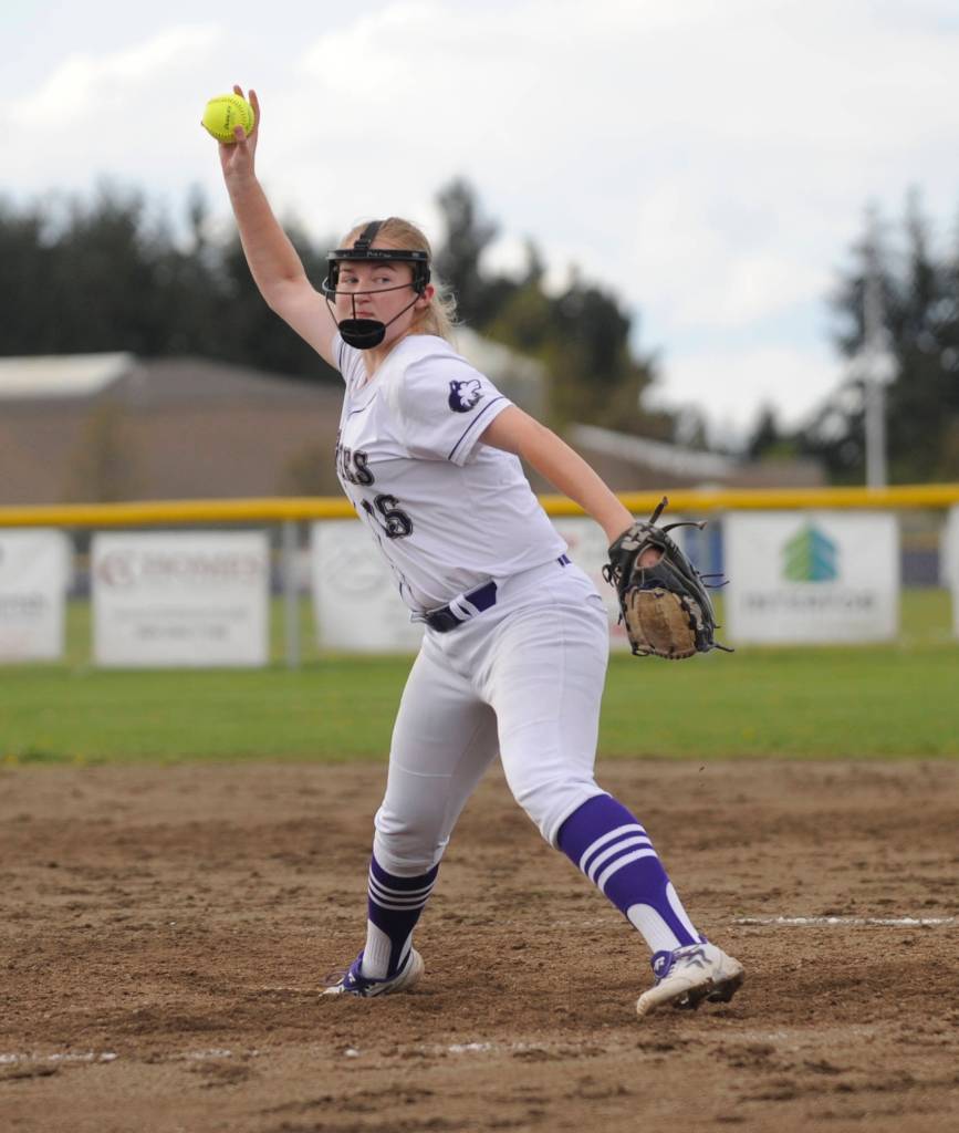 Sequim Highs LeAnn Raney, then a freshman tosses seven shutout innings as the Wolves earned a key Olympic League win over Port Angeles in April 2019. Sequim Gazette file photo by Michael Dashiell