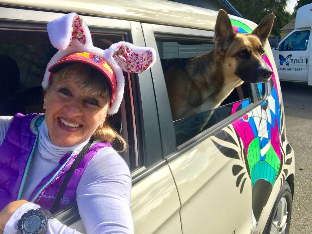 With COVID-19 regulations preventing Captain Crystal Stout from flying her hot air balloon, shes turned to DoorDash with her dog Lucee Light, delivering goods for local residents. She said gift certificates are available for future flights. Photo courtesy of Captain Crystal Stout