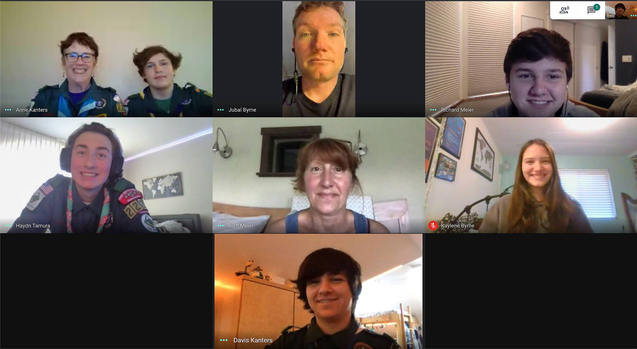 Members of BSA Venturing Crew 2223 meet together online, a common practice for scout troops during Washington states restrictions of group gatherings. They include (top row, from left) Anne Kanters, Desmond Tippins, Jubal Byrne, Richard Meier, (middle row, from left) Haydn Tamura, Terri Meier and Melanie Byrne, and (bottom) Davis Kanters. Submitted screenshot