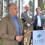 Olympic Medical Center CEO Eric Lewis, left, speaks during Saturdays grand opening ceremony for a new medical office building constructed by OMC in Port Angeles in 2017. File photo by Keith Thorpe/Olympic Peninsula News Group