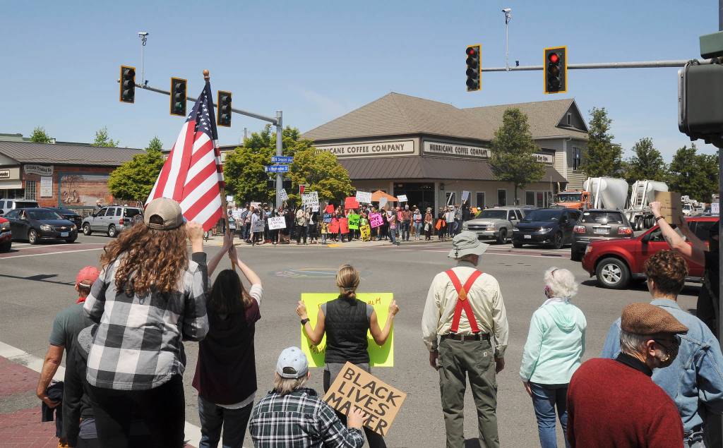 Hundreds of protesters gather at Washington Street and Sequim Avenue on June 3. Sequim Gazette photo by Michael Dashiell