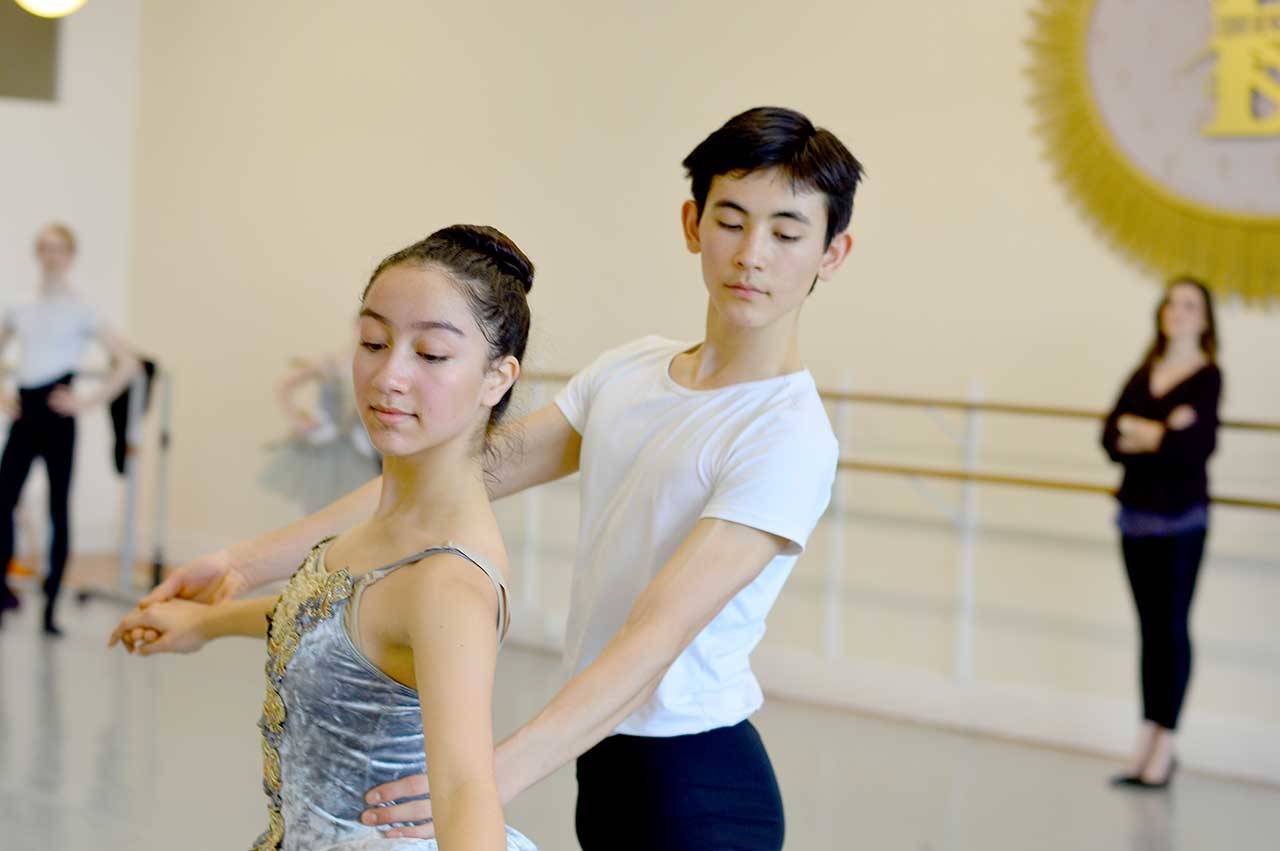 Isabella Knott of Port Angeles and Joh Merrill of Seattle rehearse at the Ballet Workshop earlier this year. They are part of the cast of the Ballet Workshops 50th anniversary gala, one of the events that may be rescheduled at the Port Angeles High School Performing Arts Center. Photo by Diane Urbani de la Paz