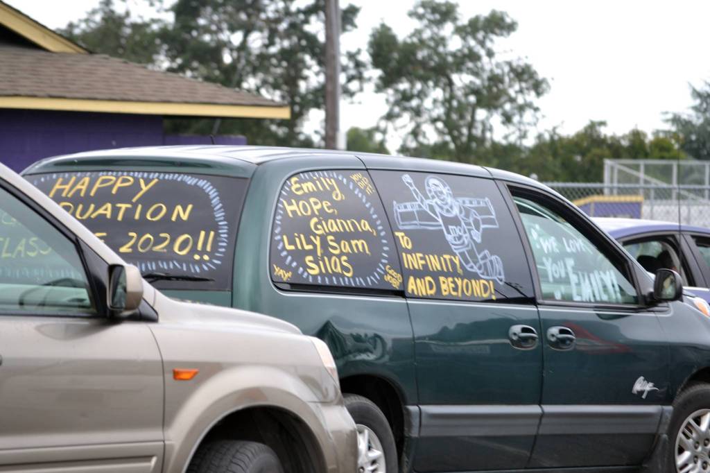 Many cars had signs and writings celebrating Olympic Peninsula Academys Class of 2020. Sequim Gazette photo by Matthew Nash