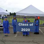 Olympic Peninsula Academy celebrated its high school graduates on June 12 with, from left, Lily Engeset, Emily Nielsen, Hope Glasser, Gianna Halo, Samantha White, and Silas Thomas participating in a special outdoor ceremony at the Sequim School District stadiums parking lot. Sequim Gazette photos by Matthew Nash