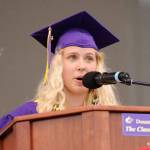 Faculty-selected speaker Meguire Vander Velde offers her thoughts to the drive in audience at SHSs graduation ceremony Friday evening. Sequim Gazette photo by Michael Dashiell