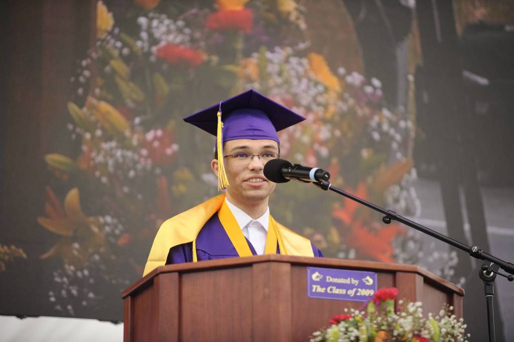 Samuel May, Sequim High Schools Class of 2020 valedictorian, addresses a drive in audience at SHSs graduation ceremony Friday evening. Sequim Gazette photo by Michael Dashiell