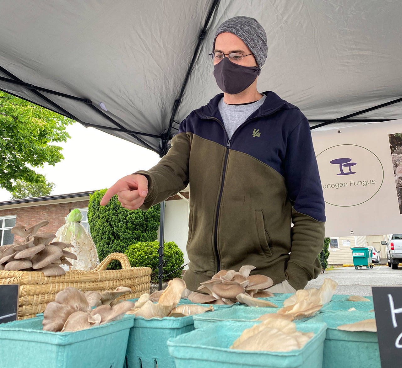 Logan Hart of Gunogan Fungus shows some of his medicinal and gourmet mushrooms at the Sequim Farmers & Artisans Market. Photo by Emma Jane Garcia