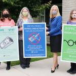 Teaming up to create an award-winning employee awareness poster series are, from left: marketing and communications director Bobby Beeman; marketing and communications coordinator Donna Pacheco; Jennifer Burkhardt, OMC chief human resources officer and general counsel, and HR director Heather Delplain. Not pictured is HR business partner Michelle Groves. Photo courtesy of Olympic Medical Center