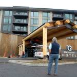 Jerry Allen, chief executive officer of 7 Cedars Casino and Hotel, looks up at the outside of the resorts main entrance on July 7 as the building nears completion. Photo by Keith Thorpe/Olympic Peninsula News Group