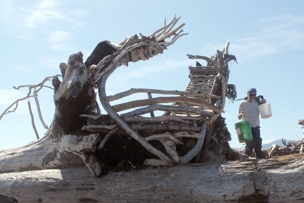 Sculptor Sky Darwin of Port Angeles deploys his tools Sunday, July 19, to reconstruct the driftwood heart on Ediz Hook. Photo by Keith Thorpe/Olympic Peninsula News Group