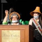 Tribal elder Elaine Grinnell, left, and her granddaughter, tribal council member Loni Greninger, sing a paddling song at the grand opening/ribbon-cutting of the Jamestown SKlallam Tribes 7 Cedars Hotel on Aug. 4. Sequim Gazette photo by Michael Dashiell