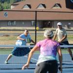 Gayle Powers and Jim Buerer team up for doubles pickleball play at Carrie Blake Community Park on Aug. 14. Sequim gazette photo by Michael Dashiell
