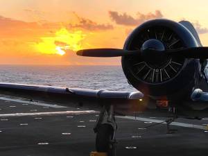 For eight days, John Johnson and Dave Richardson of Diamond Point rode aboard the USS Essex from San Diego to Oahu to fly Johnsons T6 Texan to commemorate the 75th anniversary of the end of World War II in the Pacific Ocean. Photo courtesy of Dave Richardson