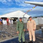 Diamond Points Dave Richardson and John Johnson stand aboard the USS Missouri for the 75th commemoration ceremony for the end of World War II in the Pacific on Sept. 2. The friends left the Sequim area in mid-July to make the journey to Hawaii via naval ship with Johnsons plane. Photo courtesy of Dave Richardson