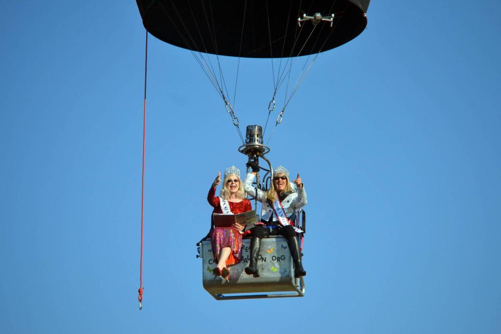 Cherie Kidd, Ms. Senior USA 2019-2020, left, and Captain-Crystal Stout, Ms. Senior Washington USA, film a promotional video from Stouts Dream Catcher balloon for the Ms. Senior USA pageant in October. This was Kidds first time in a balloon on Sept. 9, and next month will be Stouts first time competing in a pageant. Sequim Gazette photo by Matthew Nash