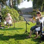 Above: Bonnie Booth, left, and Cindy MacKay play duets in the park near the intersection of Sequim Avenue and Washington Street on Oct. 2. Left: Helen Bucher, a lifelong Sequim resident and former Irrigation Festival Grand Pioneer (2015), celebrates her 90th birthday with some accordion playing at the Railroad Bridge Park on Oct. 1. Sequim Gazette photos by Michael Dashiell